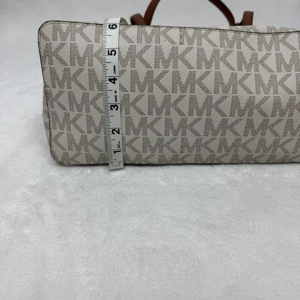 Michael Kors Tote Bag Womens Large Beige Logo Canvas Leather Trim Zip Gold Charm